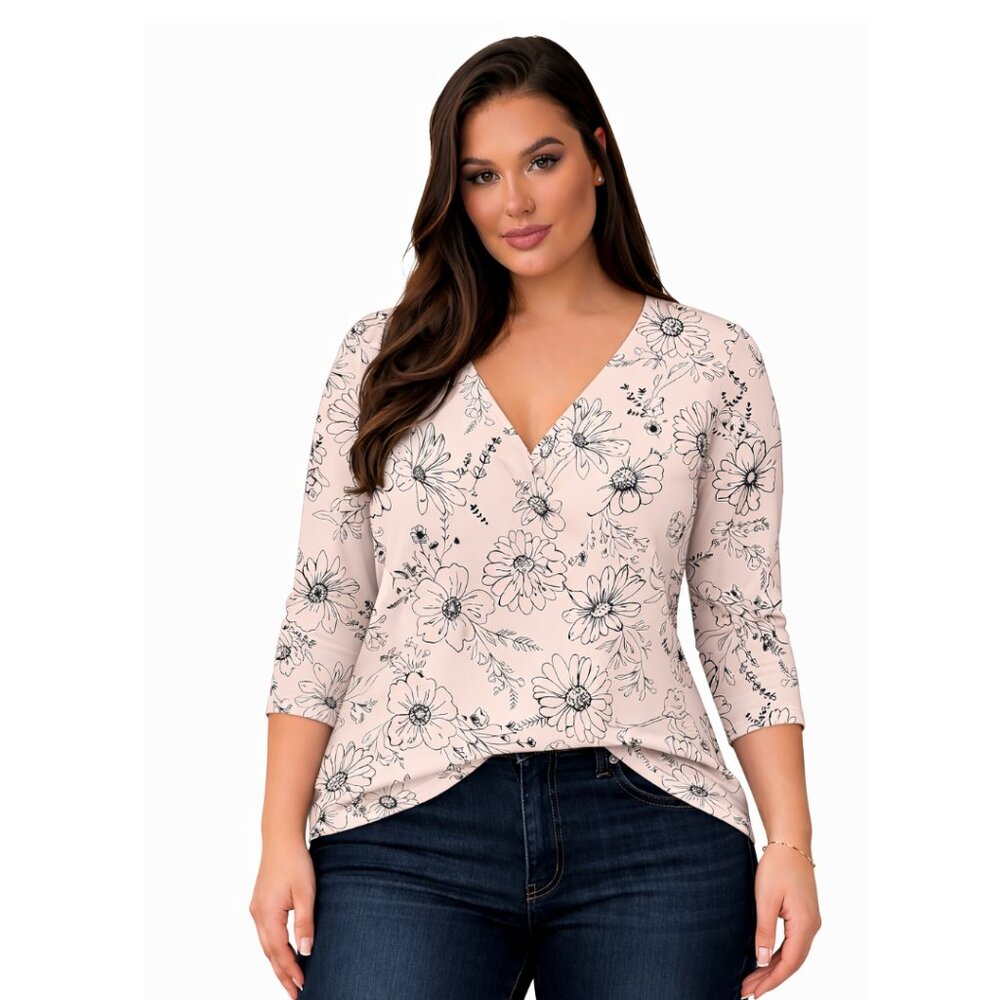 Women’s 3/4 Sleeve V Neck Top Loose Fit T Shirt, BLACK STIPED FLOWER, Size LARGE